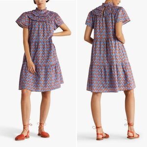 Boden Blue Floral Flutter Sleeve Ruched Smock Dress Size 6 Red Blue Knee Length